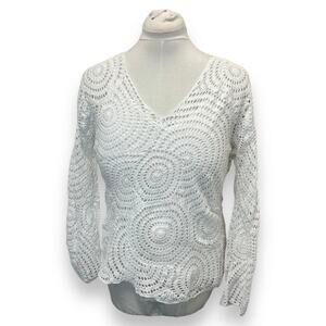 Mist Juniors Crochet Knit Long Sleeve Layered Top Ramie Cotton Blend White XL